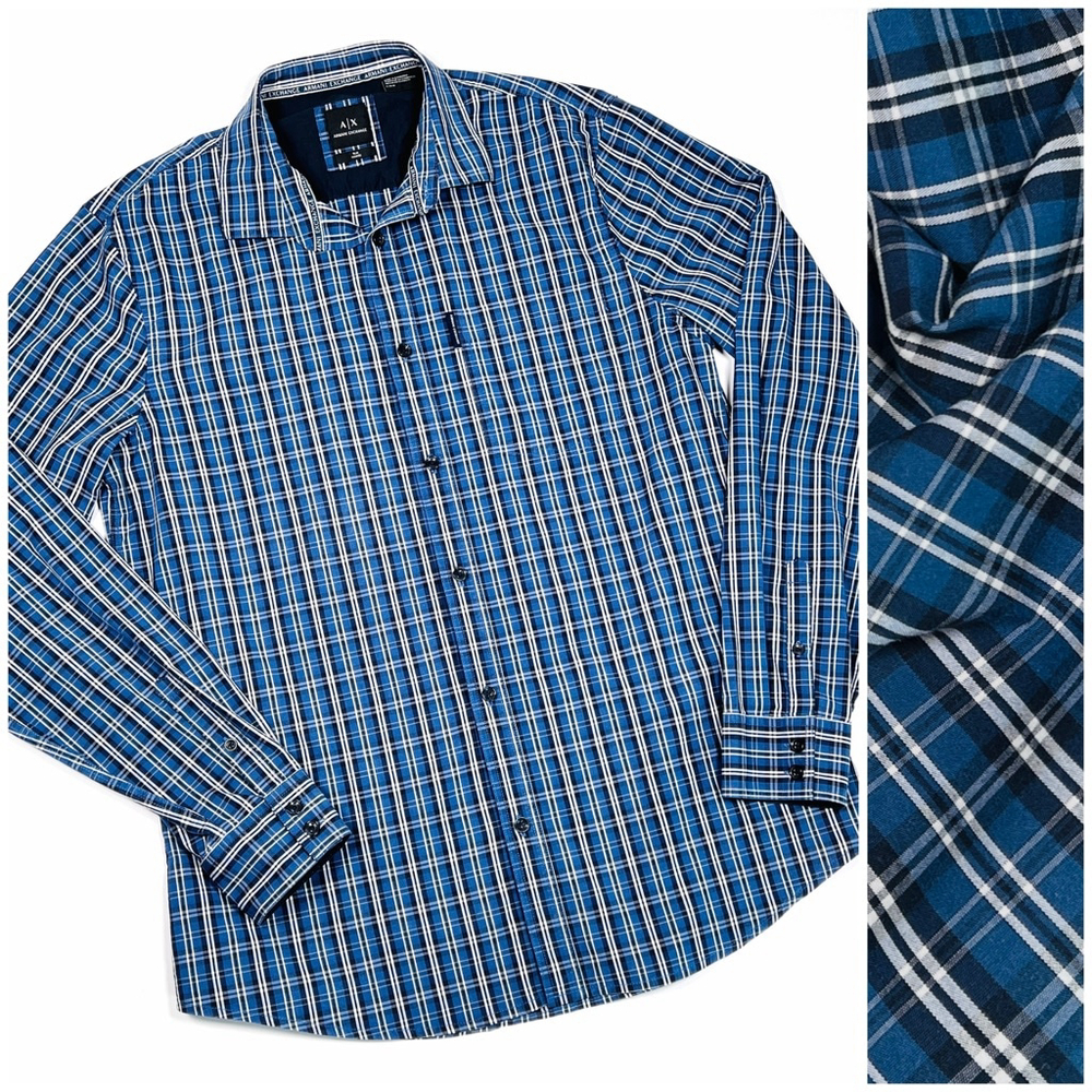Armani Exchange Mens Shirt Slim Plaid Button Down Shirt Size L Blue